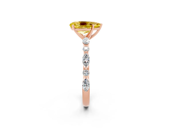 Rose gold Pear Cut Yellow Sapphire Ring with Marquise and Round  Side Stones and Four-Prong Setting
