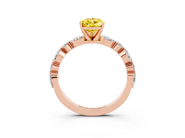 Rose gold Pear Cut Yellow Sapphire Ring with Marquise and Round  Side Stones and Four-Prong Setting