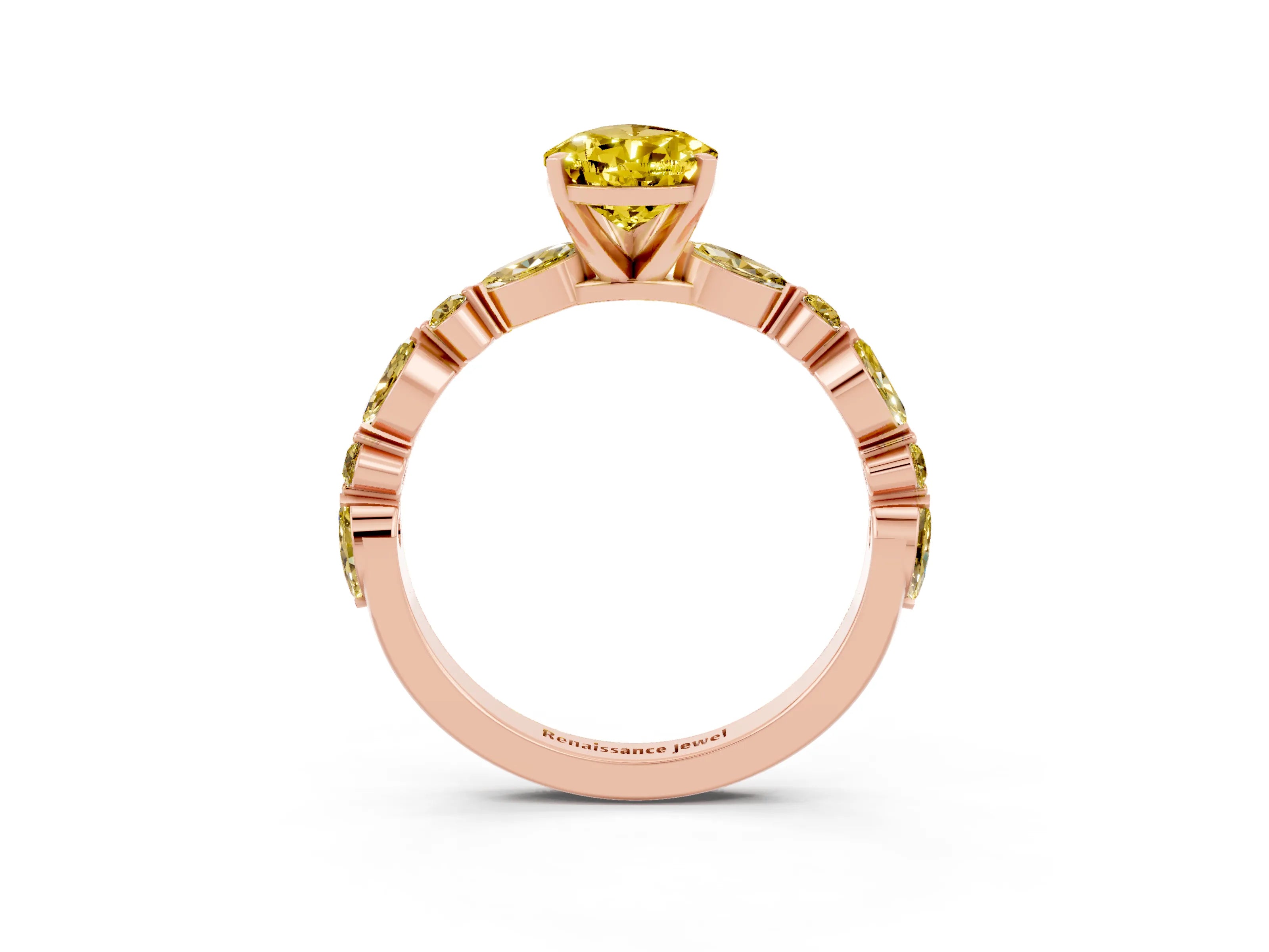 Rose gold Pear Cut Yellow Sapphire Solitaire with Side Stones on a Pavé Band and Four-Prong Setting_3