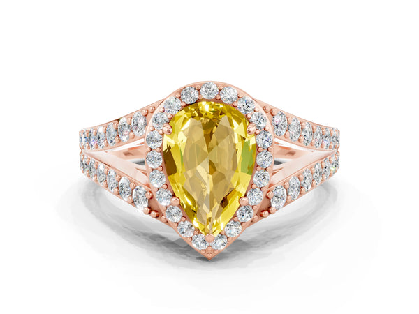 Rose gold Pear Cut Yellow Sapphire Split Shank Halo Ring with Four-Prong Setting