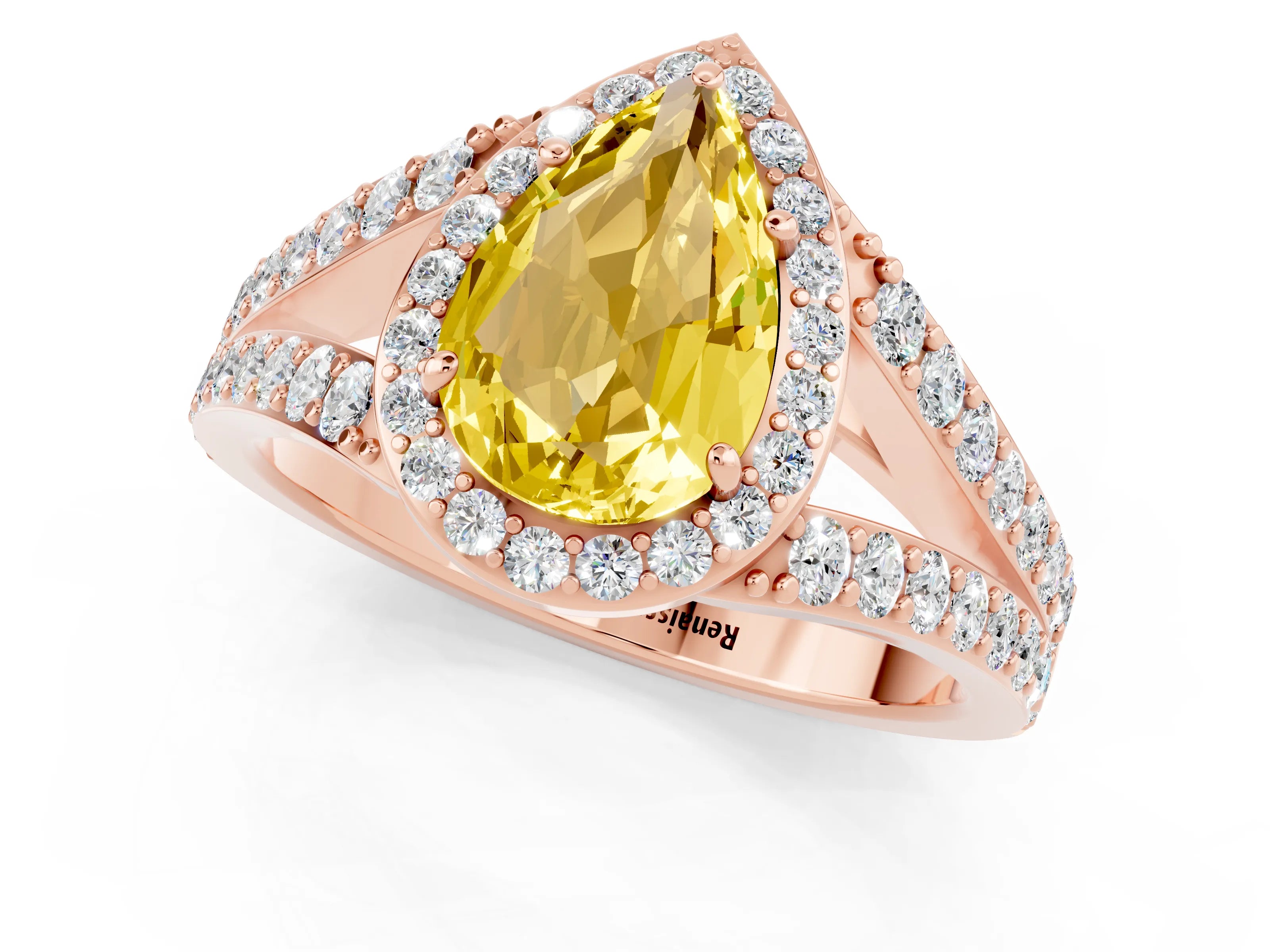 Rose gold Pear Cut Yellow Sapphire Split Shank Halo Ring with Four-Prong Setting_13