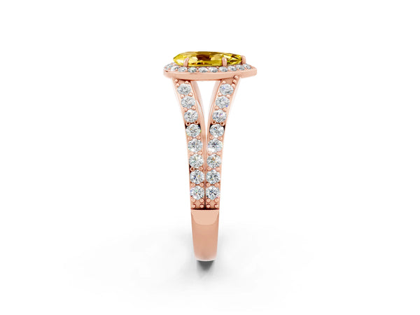 Rose gold Pear Cut Yellow Sapphire Split Shank Halo Ring with Four-Prong Setting