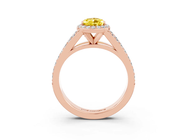 Rose gold Pear Cut Yellow Sapphire Split Shank Halo Ring with Four-Prong Setting