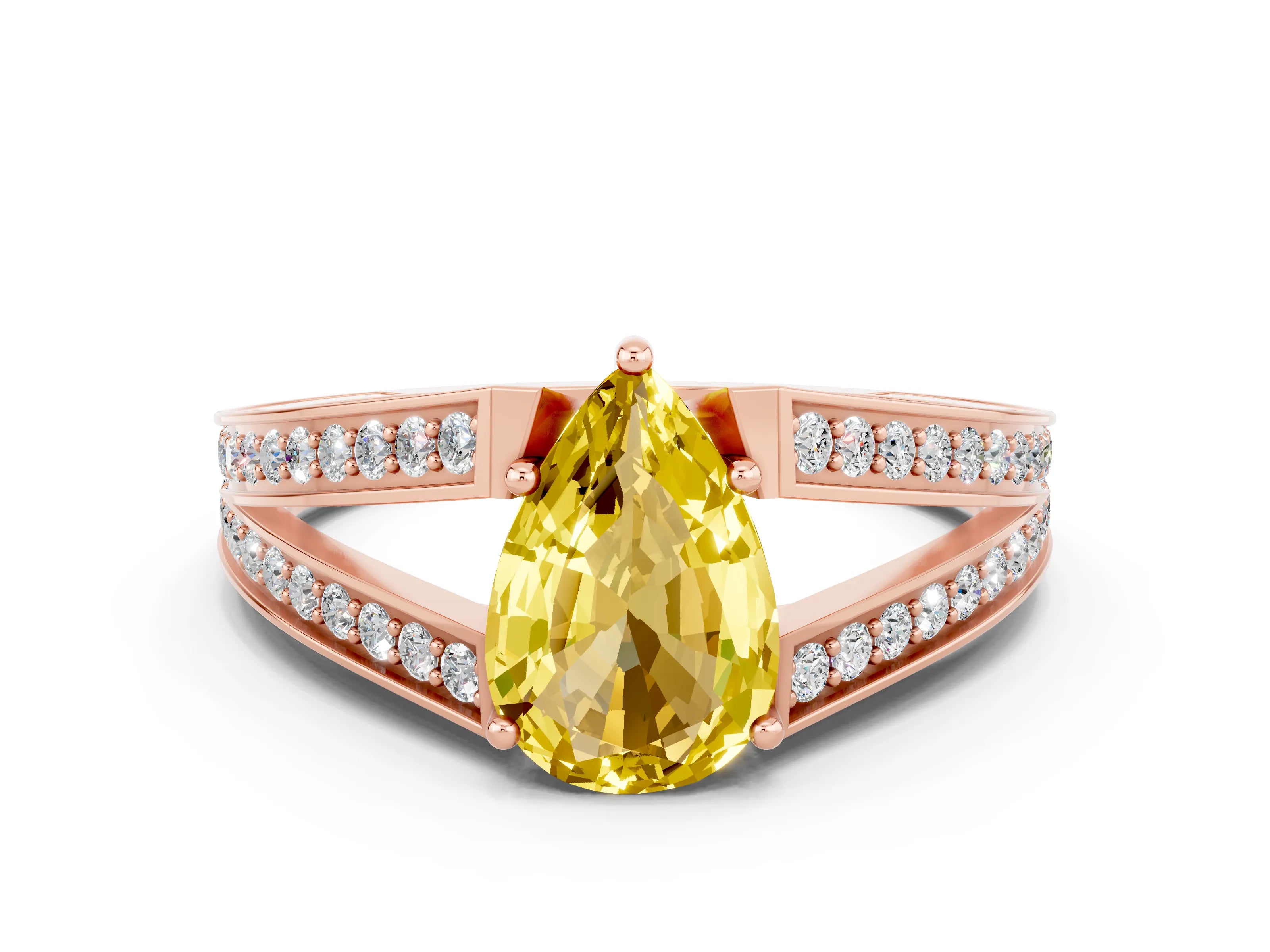 Rose gold Pear Cut Yellow Sapphire Split Shank Ring with Pavé Band and Four-Prong Setting