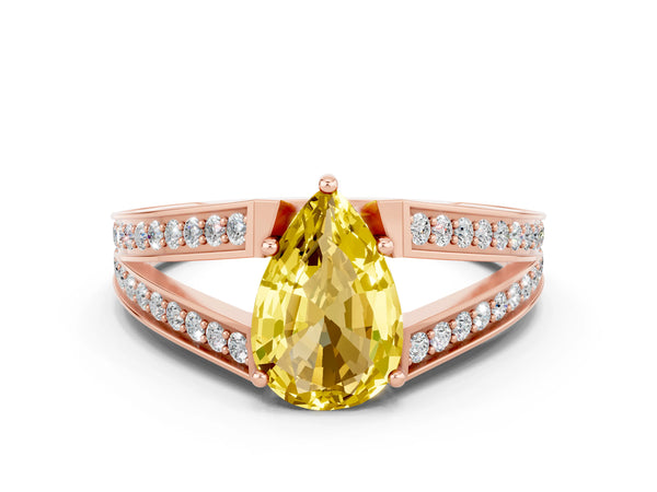 Rose gold Pear Cut Yellow Sapphire Split Shank Ring with Pavé Band and Four-Prong Setting