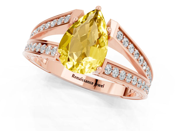 Rose gold Pear Cut Yellow Sapphire Split Shank Ring with Pavé Band and Four-Prong Setting