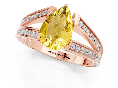 Rose gold Pear Cut Yellow Sapphire Split Shank Ring with Pavé Band and Four-Prong Setting_1