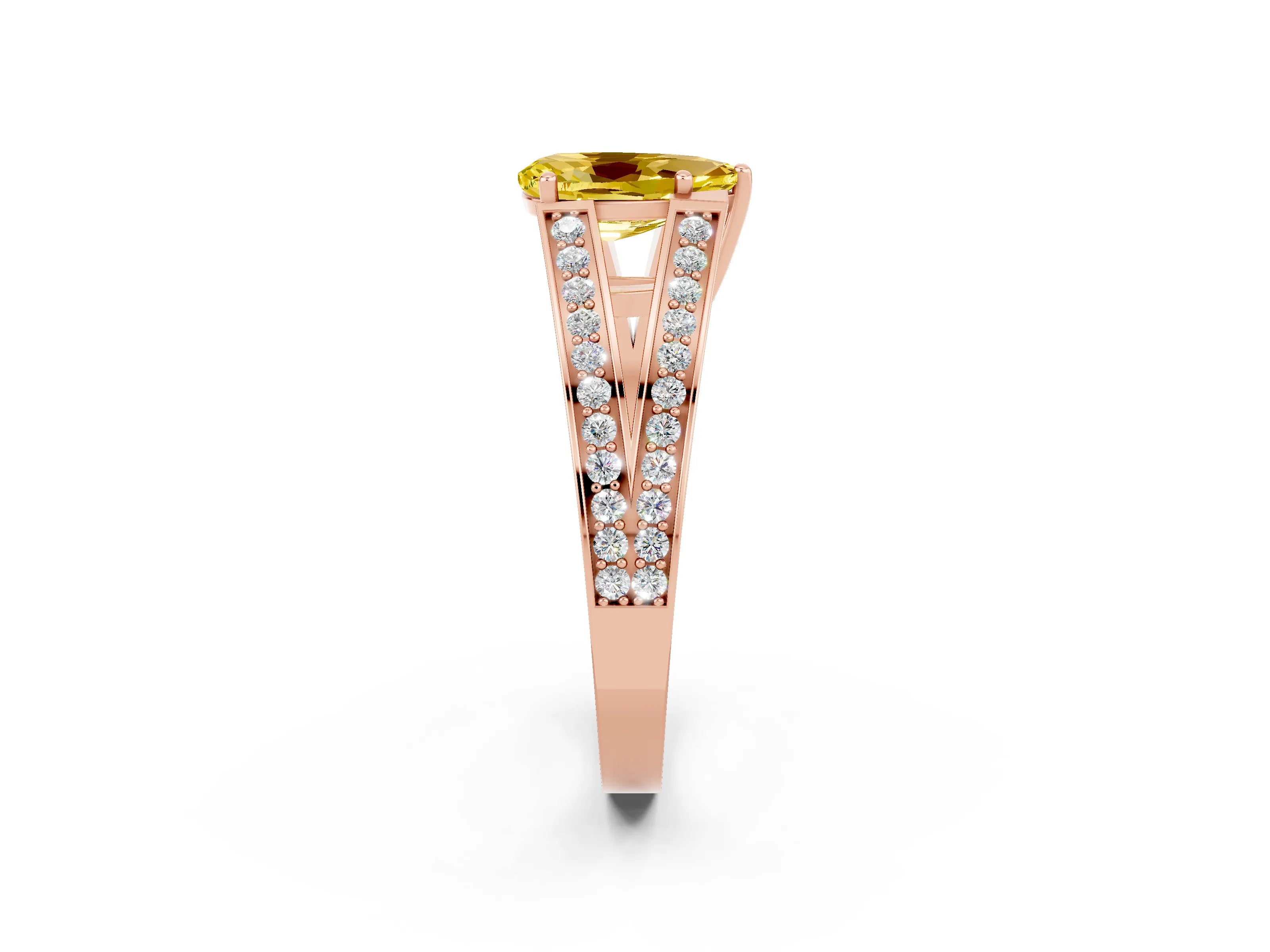 Rose gold Pear Cut Yellow Sapphire Split Shank Ring with Pavé Band and Four-Prong Setting_2