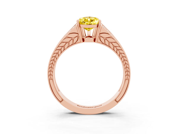 Rose gold Pear Cut Yellow Sapphire Split Shank Ring with Pavé Band and Four-Prong Setting