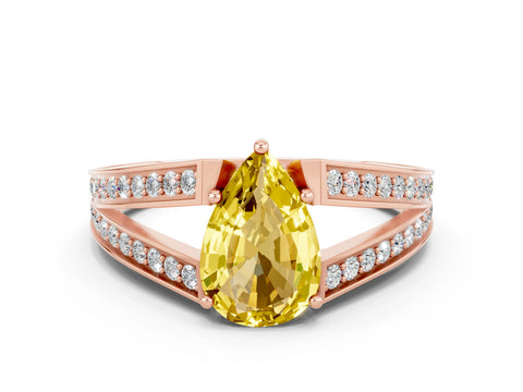 Rose gold Pear Cut Yellow Sapphire Split Shank Ring with Pavé Band and Four-Prong Setting