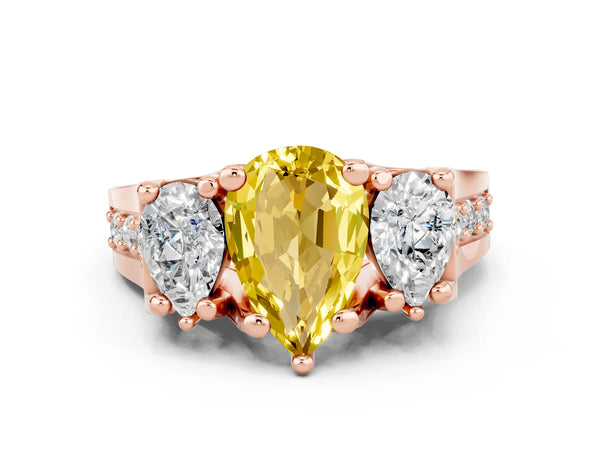 Rose gold Pear Cut Yellow Sapphire Three-Stone Ring with Channel Set Band and Four-Prong Setting