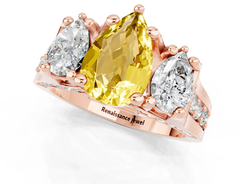 Rose gold Pear Cut Yellow Sapphire Three-Stone Ring with Channel Set Band and Four-Prong Setting_1