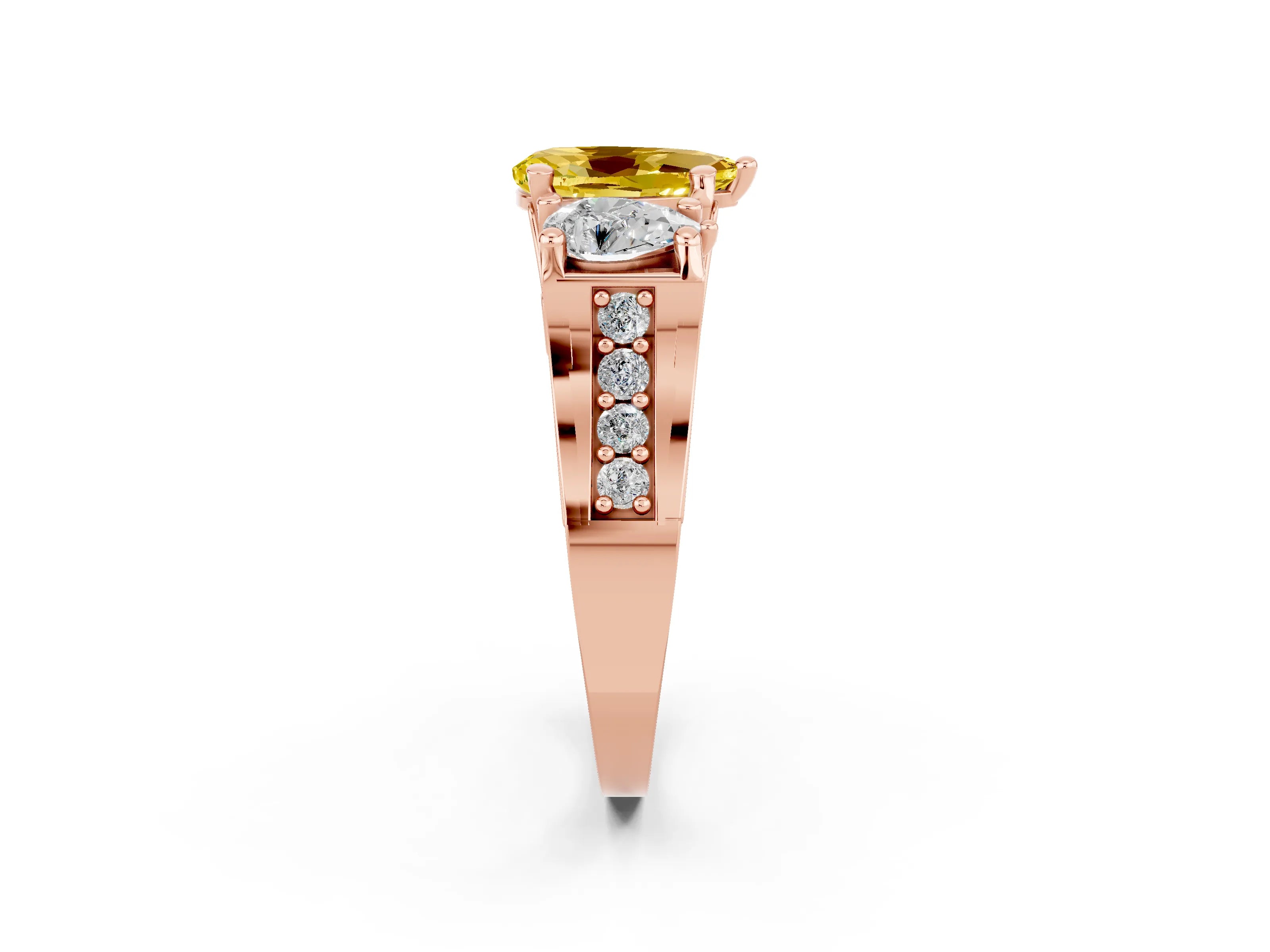 Rose gold Pear Cut Yellow Sapphire Three-Stone Ring with Channel Set Band and Four-Prong Setting_2