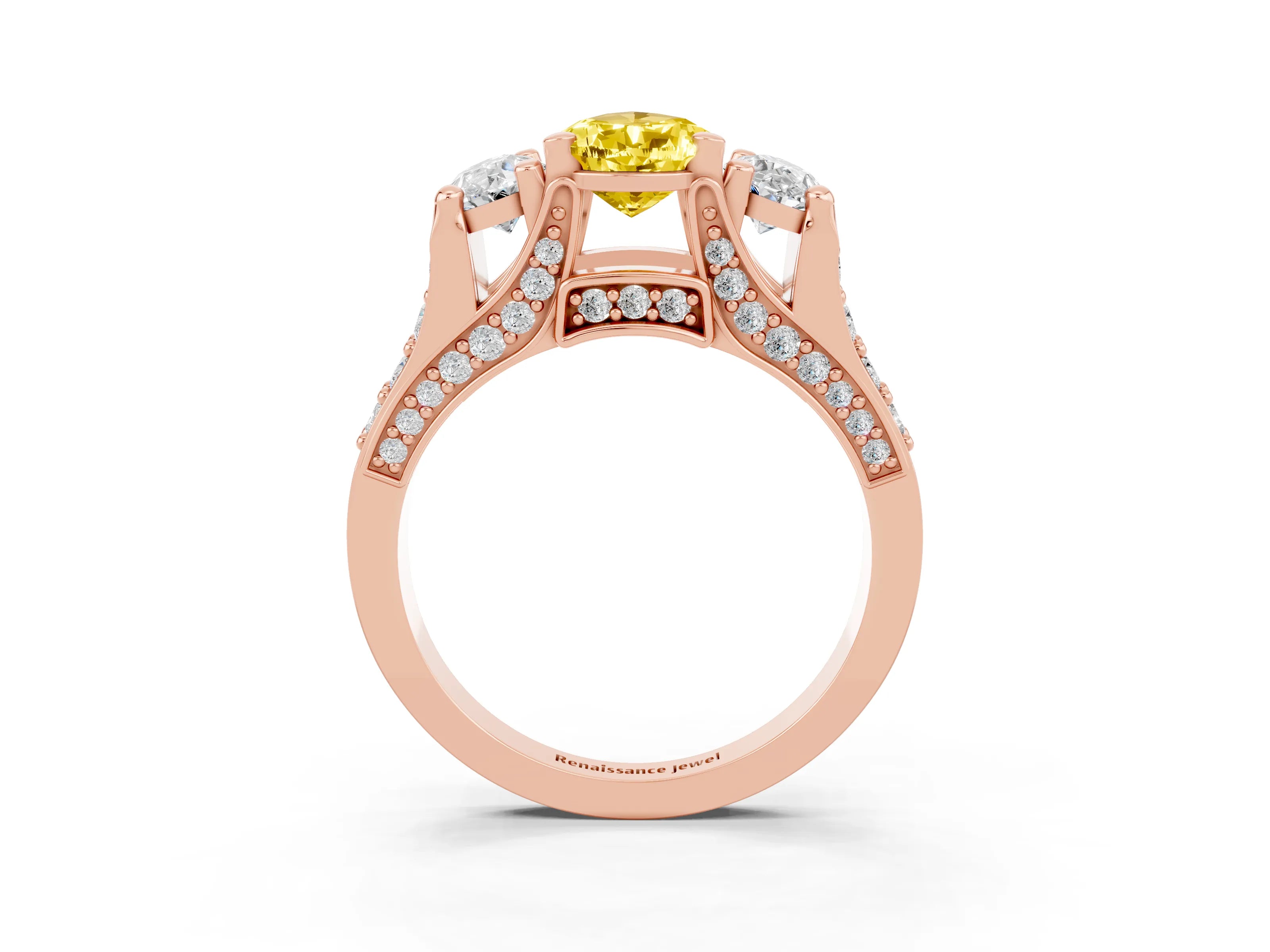 Rose gold Pear Cut Yellow Sapphire Three-Stone Ring with Channel Set Band and Four-Prong Setting_3