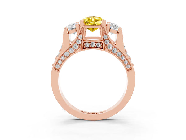 Rose gold Pear Cut Yellow Sapphire Three-Stone Ring with Channel Set Band and Four-Prong Setting