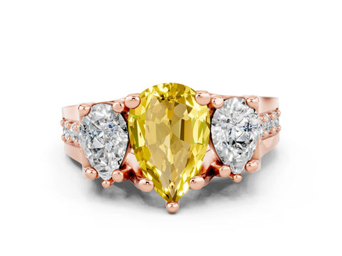 Rose gold Pear Cut Yellow Sapphire Three-Stone Ring with Channel Set Band and Four-Prong Setting