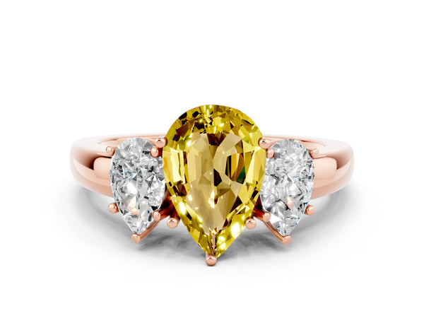 Rose gold Pear Cut Yellow Sapphire Three-Stone Ring with Four-Prong Setting and Classic Band