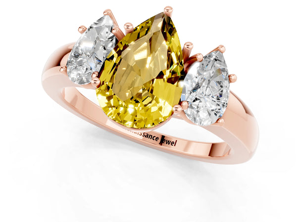 Rose gold Pear Cut Yellow Sapphire Three-Stone Ring with Four-Prong Setting and Classic Band