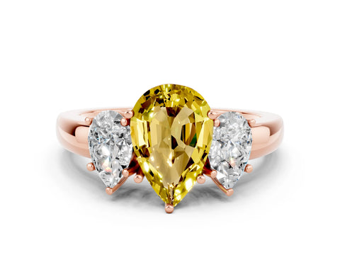 Rose gold Pear Cut Yellow Sapphire Three-Stone Ring with Four-Prong Setting and Classic Band