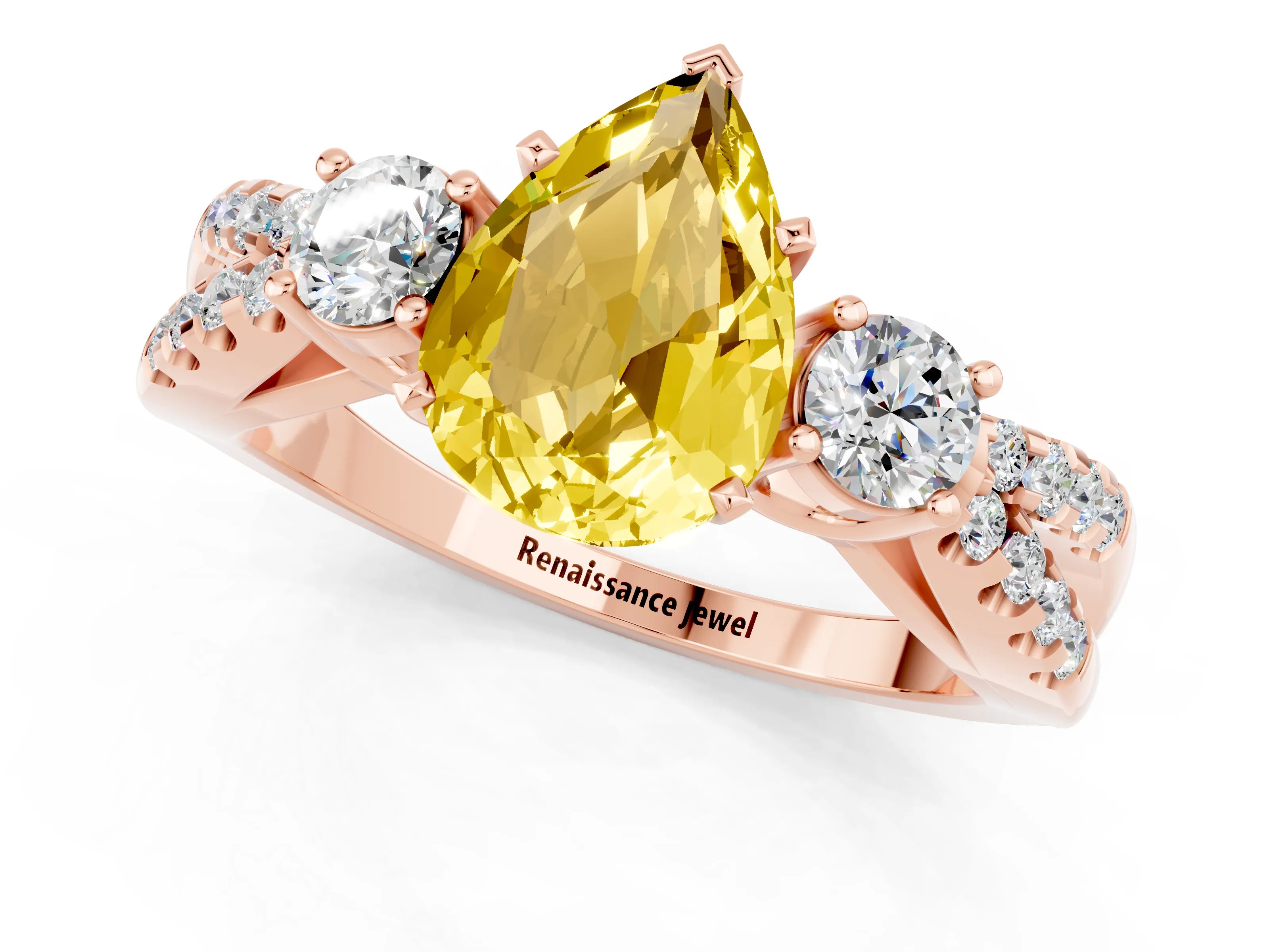 Rose gold Pear Cut Yellow Sapphire Three-Stone Ring with Pavé Split Shank and Four-Prong Setting_37