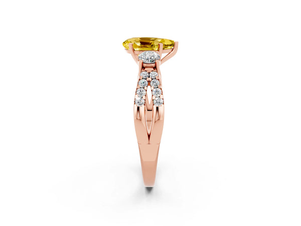 Rose gold Pear Cut Yellow Sapphire Three-Stone Ring with Pavé Split Shank and Four-Prong Setting