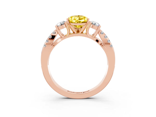 Rose gold Pear Cut Yellow Sapphire Three-Stone Ring with Pavé Split Shank and Four-Prong Setting