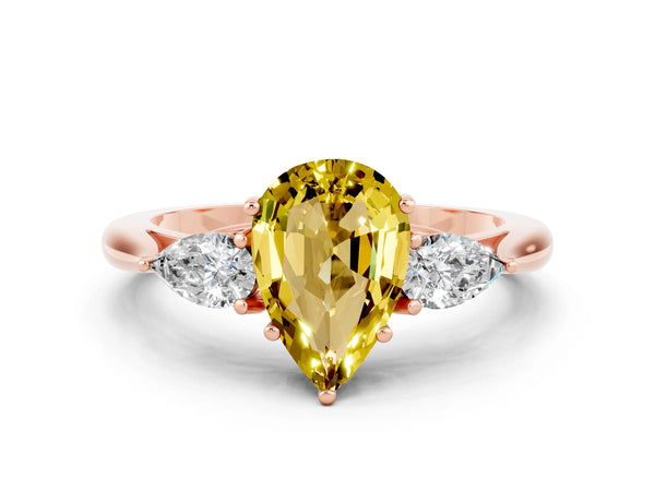 Rose gold Pear Cut Yellow Sapphire Three-Stone Ring with Pear  Side Stones and Prong Setting