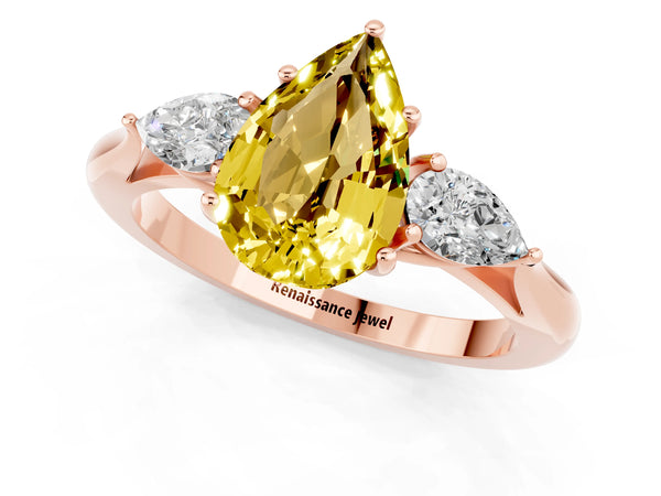 Rose gold Pear Cut Yellow Sapphire Three-Stone Ring with Pear  Side Stones and Prong Setting
