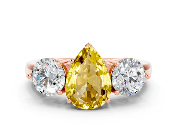 Rose gold Pear Cut Yellow Sapphire Three-Stone Ring with Prong Setting and Classic Band
