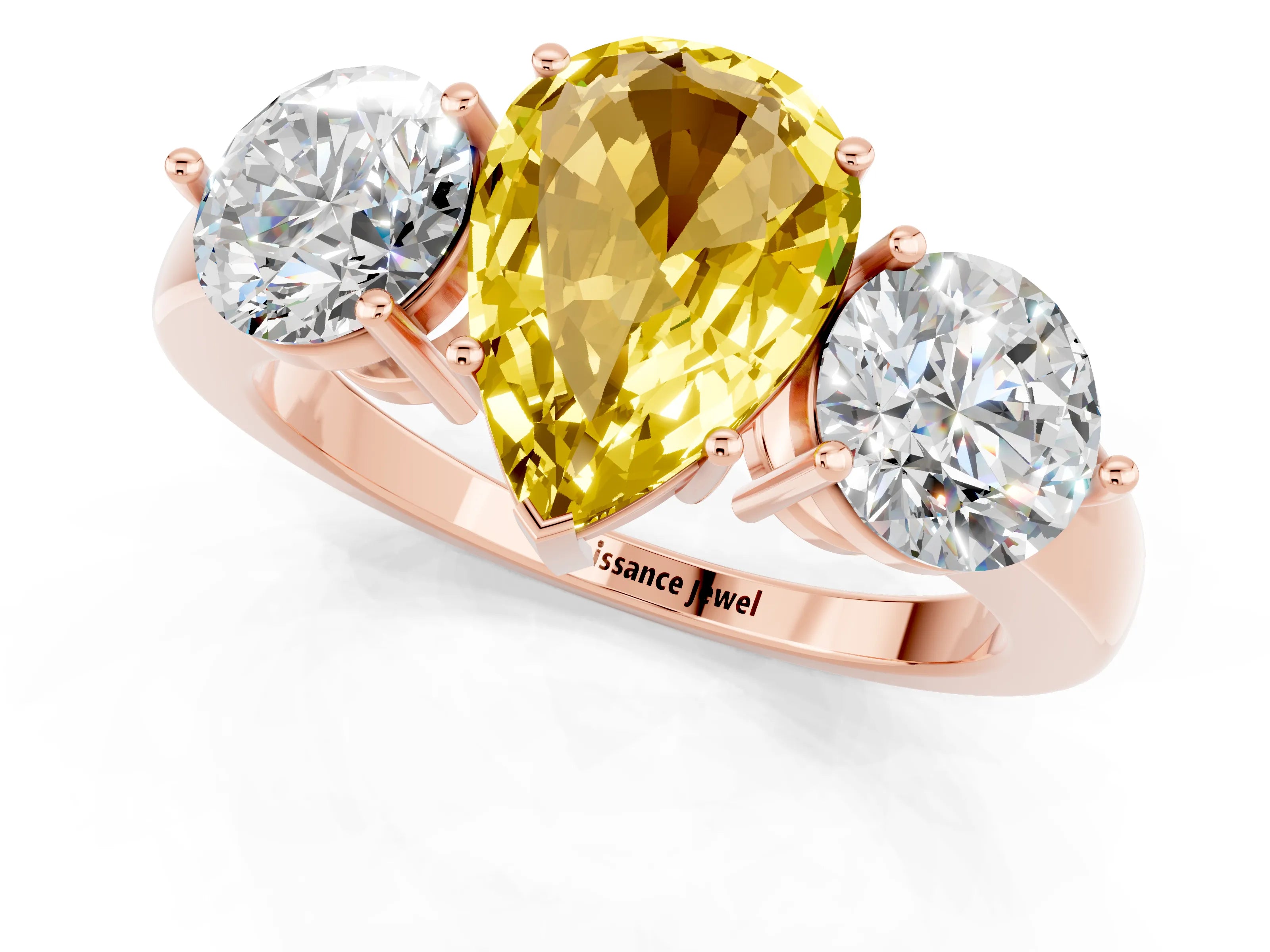 Rose gold Pear Cut Yellow Sapphire Three-Stone Ring with Prong Setting and Classic Band_1