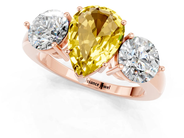 Rose gold Pear Cut Yellow Sapphire Three-Stone Ring with Prong Setting and Classic Band