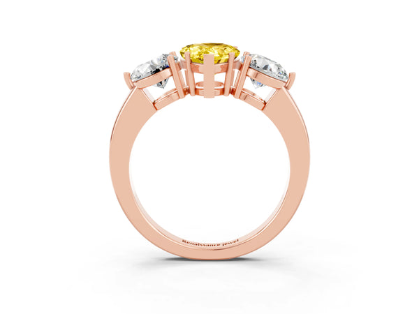Rose gold Pear Cut Yellow Sapphire Three-Stone Ring with Prong Setting and Classic Band
