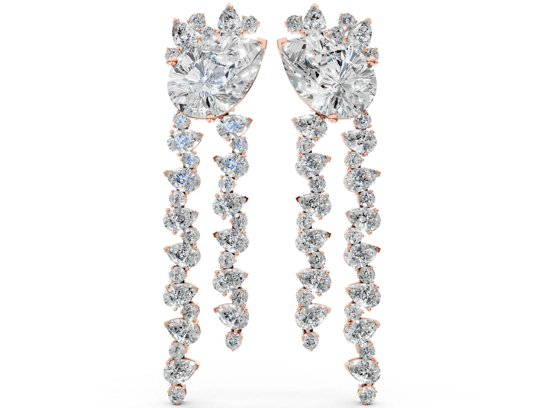 Rose gold Pear Diamond Drop Earrings with Trilliant Diamond Cascades