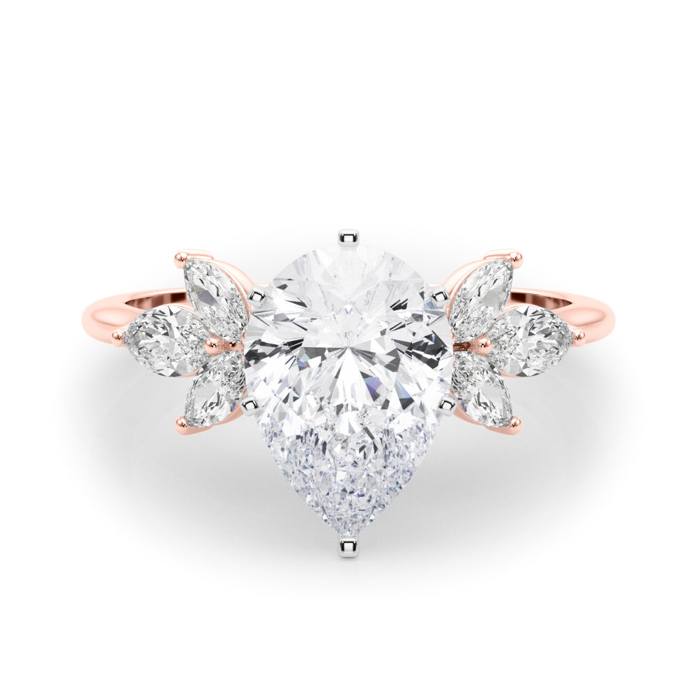 Rose gold Pear Diamond Floral Cluster Ring with Marquise Side Stones and Six-Prong Solitaire Setting 1