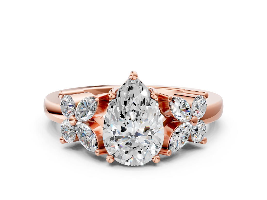 Rose gold Pear Diamond Floral Cluster Ring with Solitaire Band and Prong Setting_59