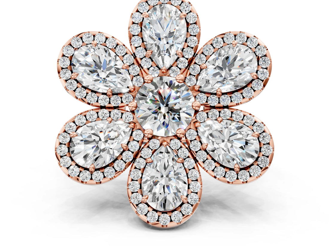 Rose gold Pear Diamond Floral Promise Ring with Round Diamond Center
