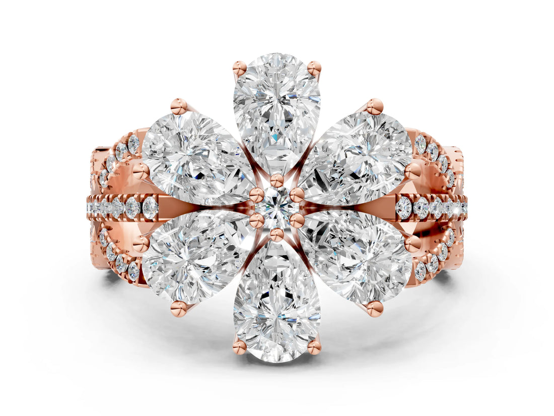 Rose gold Pear Diamond Floral Ring with Round Diamond Accents