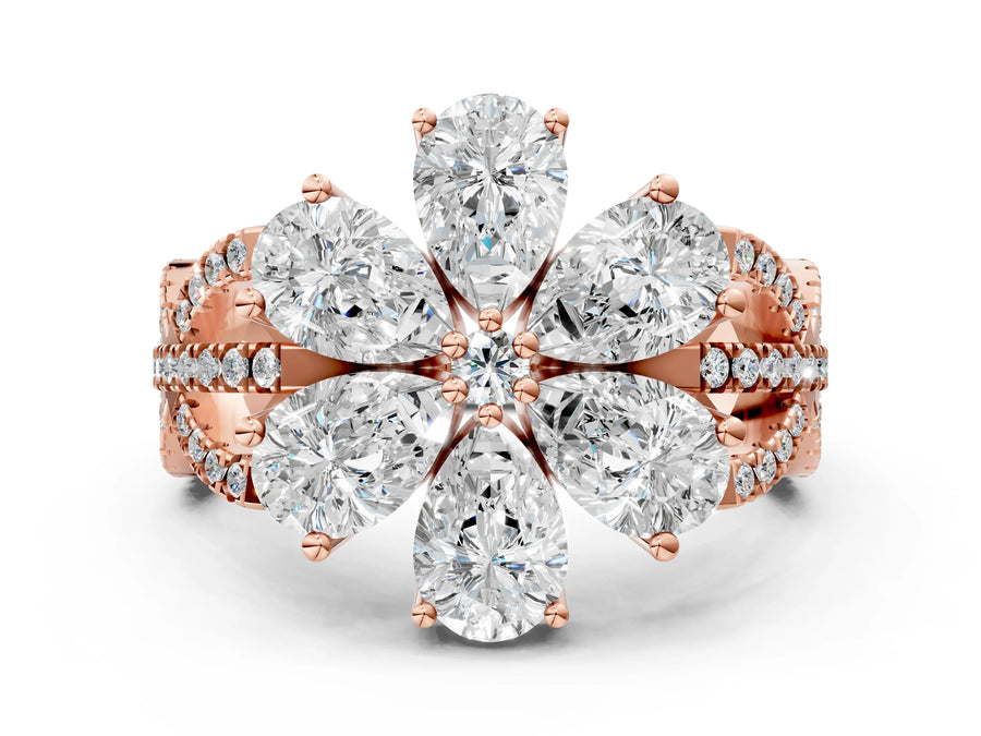Rose gold Pear Diamond Floral Ring with Round Diamond Accents