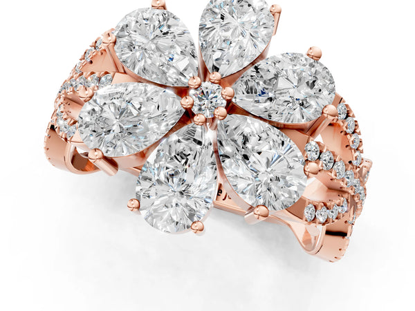 Rose gold Pear Diamond Floral Ring with Round Diamond Accents