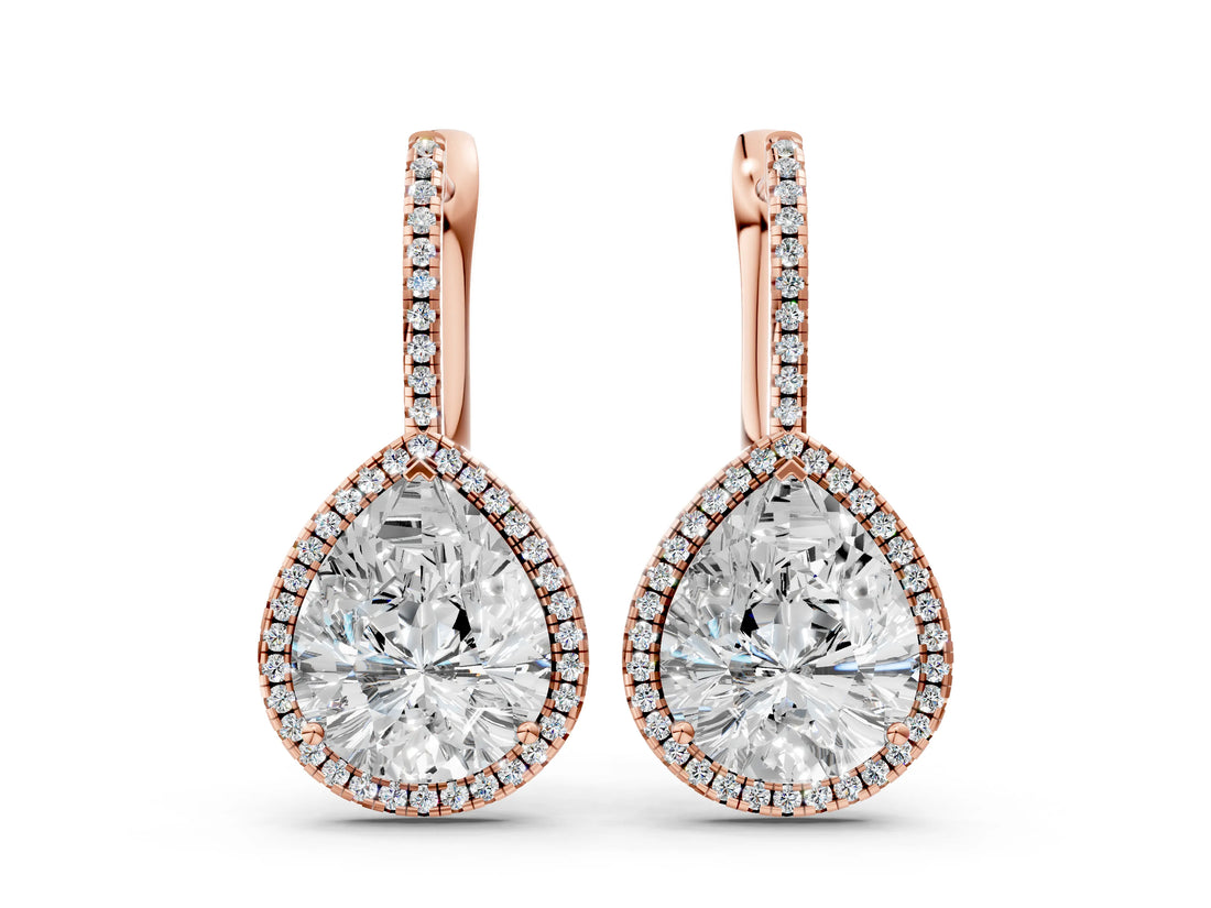 Rose gold Pear Diamond Halo Leverback Drop Earrings with Round Diamond Accents