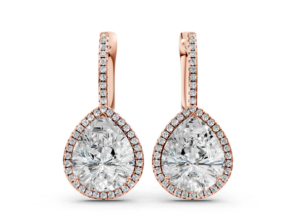 Rose gold Pear Diamond Halo Leverback Drop Earrings with Round Diamond Accents