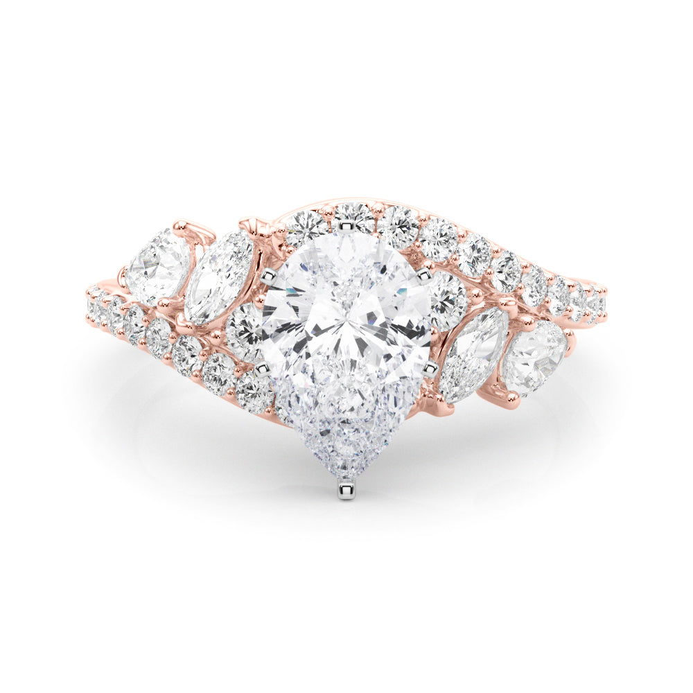 Rose gold Pear Diamond Halo Ring with Marquise and Pavé Band in Prong Setting 1