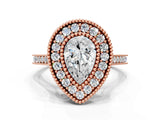Rose gold Pear Diamond Halo Ring with Milgrain Frame and Pavé Band