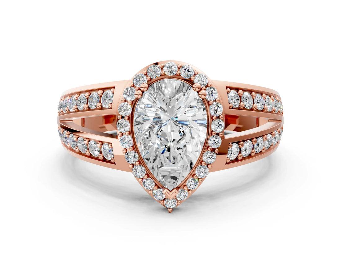 Rose gold Pear Diamond Halo Ring with Split Shank Pavé Band and Four-Prong Setting_6
