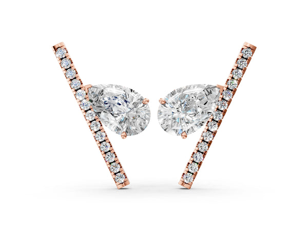 Rose gold Pear Diamond Stud Earrings with Round Micro Pavé Bar