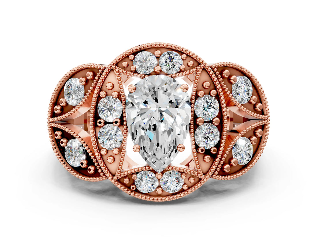 Rose gold Pear Diamond Milgrain Marquise Filigree Engagement Ring with Prong Setting_6