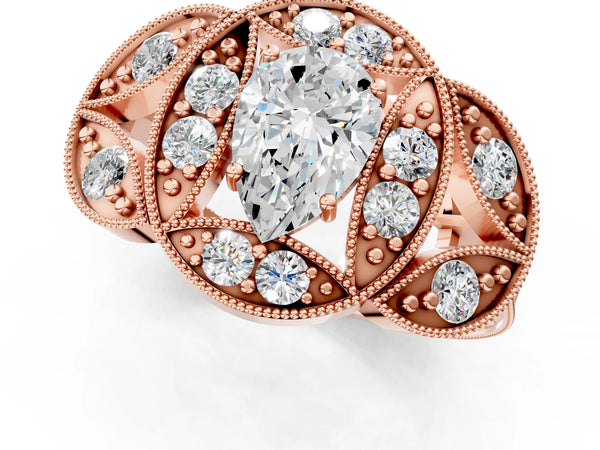 Rose gold Pear Diamond Milgrain Marquise Filigree Engagement Ring with Prong Setting