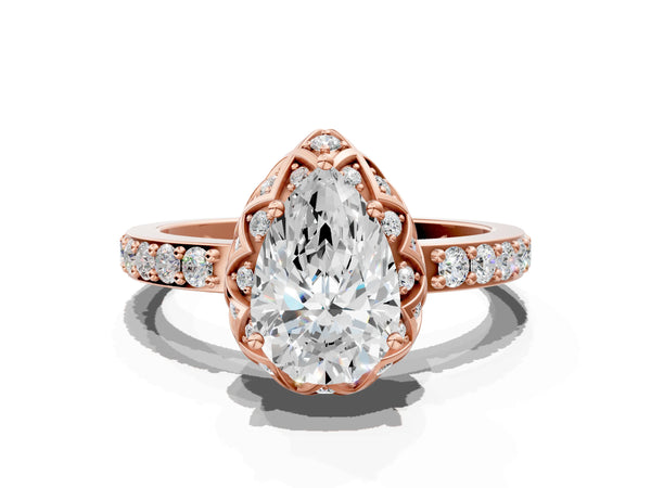 Rose gold Pear Diamond Solitaire Ring with Shared Prong Pavé Band