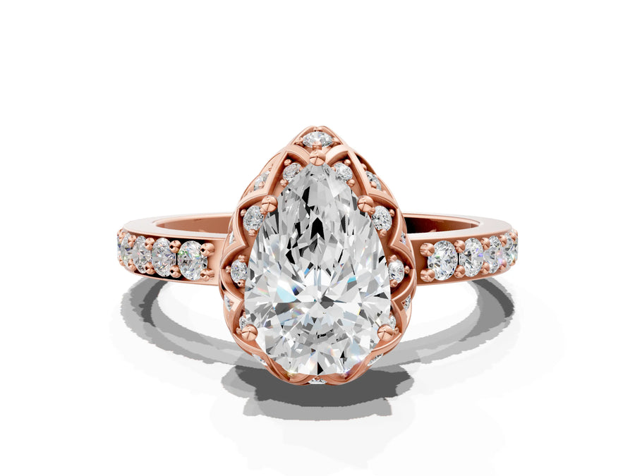 Rose gold Pear Diamond Solitaire Ring with Shared Prong Pavé Band