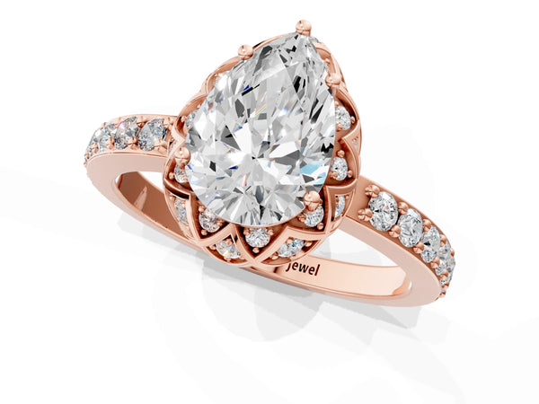 Rose gold Pear Diamond Solitaire Ring with Shared Prong Pavé Band